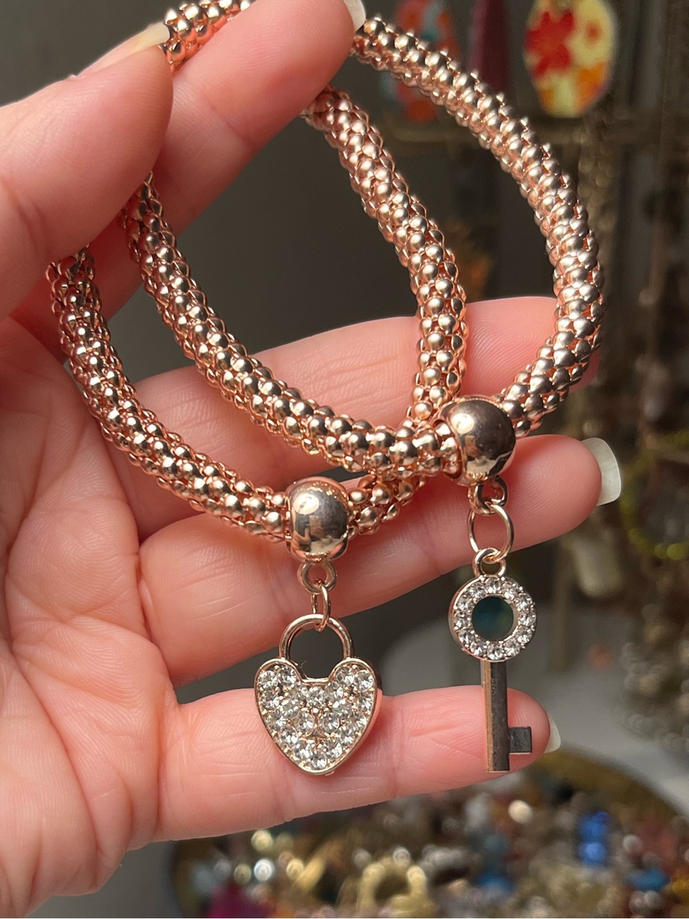 Set of 2 Rose Gold Woven Mesh Heart & Key Charm Bracelets